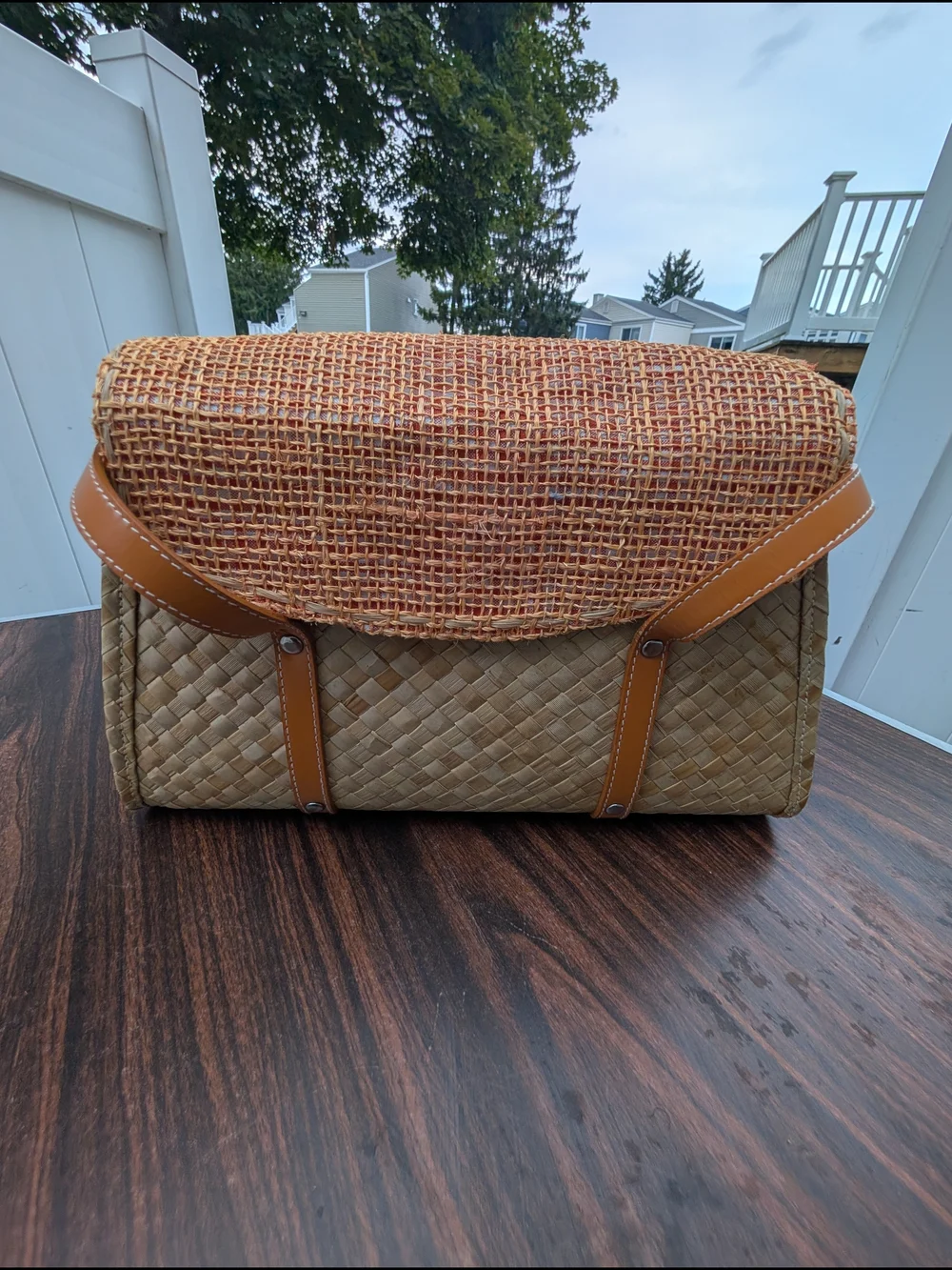 Woven Straw Crossbody Bag with Tan Trim